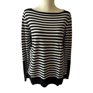 PER SE SWEATER L STRIPED VEGAN LEATHER DETAIL EYELET CASUAL OFFICE PREP